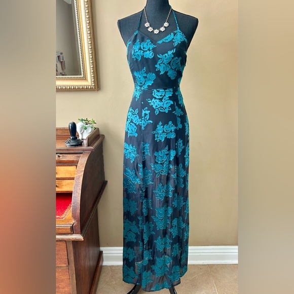 Lovers + Friends Seville Maxi Dress T-Back Jade Blue Black Floral Size XS - Picture 4 of 16